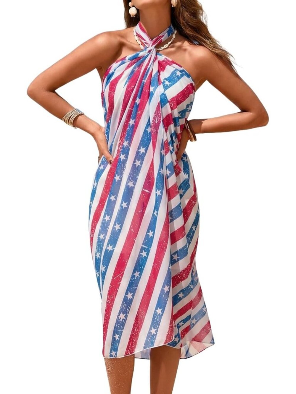 Women's American Flag Stripe Swimsuit High Slit Summer Floral Print Wrap Beach - Picture 4 of 6